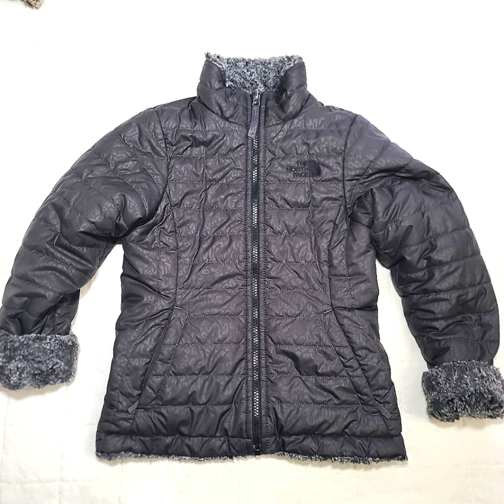 North Face Black Leoppard Reversible Puffer Jacket sz 7/8